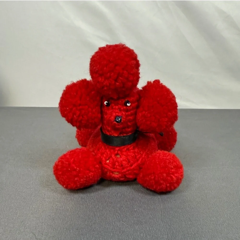 Red Crocheted Poodle Dog Pom Pom Ears Collar Bow Soap Holder Home Decor Handmade
